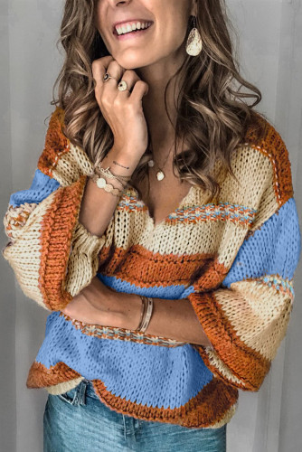 Orange V-neck Knitted Lantern Sleeve Pullover Sweater