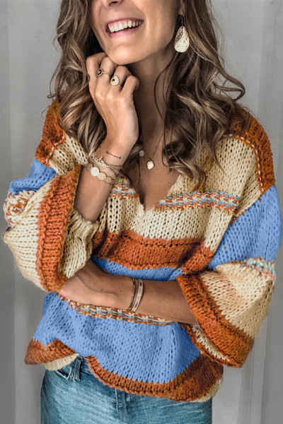 Orange V-neck Knitted Lantern Sleeve Pullover Sweater