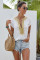 White Short Sleeve Printed Neck Shift Blouse