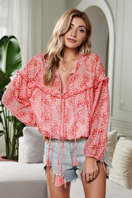 Red Saint Helena Printed Ruffle Blouse