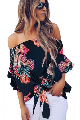 Blue Off Shoulder Floral Tie Front High Low Chiffon Blouse