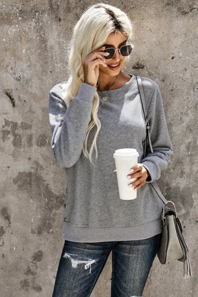 Gray Casual Slit Side Button Long Sleeves Sweatshirt