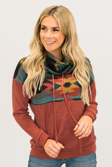 Red Aztec Cowl Pullover Hoodie