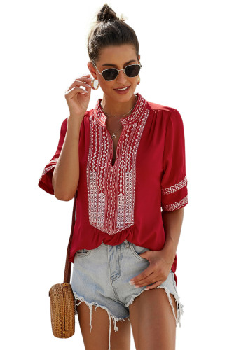 Red Elbow Length Sleeves Front Embroidery Blouse