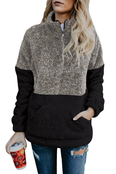 Gray Taupe Zip Neck Oversize Fluffy Fleece Pullover