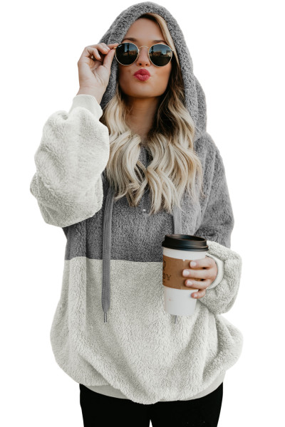 Gray White Colorblock Furry Hoodie