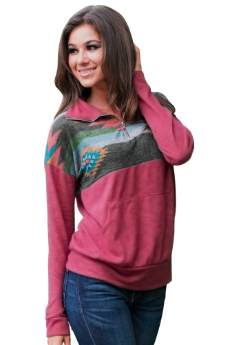 Aztec Print Atop Rosy Pullover Sweatshirt