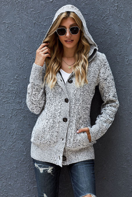 Dark Gray Long Sleeve Button-up Hooded Cardigans