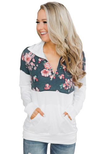 Floral Splice White Kangaroo Pocket Zip Collar Sweatshirt