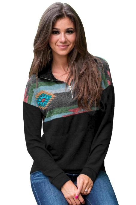 Aztec Print Atop Black Pullover Sweatshirt