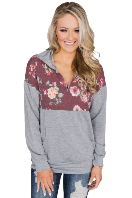 Floral Splice Grey Kangaroo Pocket Zip Collar Sweatshirt