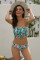 Green Cute Floral Patterned Smocked Bikini
