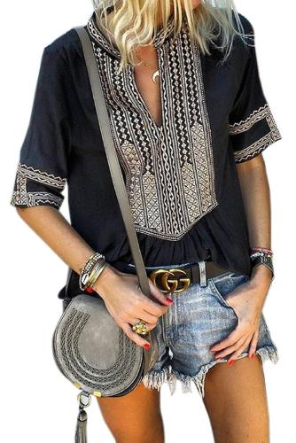 Black Elbow Length Sleeves Front Embroidery Blouse