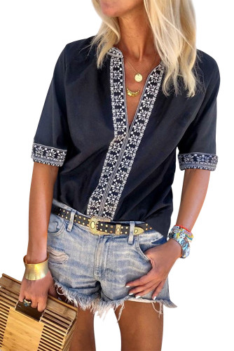 Black Chic Boho V Neckline Half Sleeve Blouse