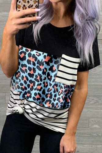 Blue Leopard Striped Pocket T-shirt