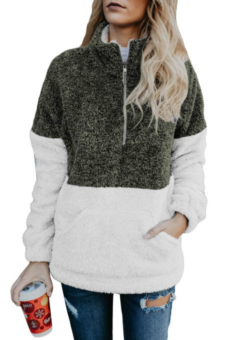 Atrovirens White Zip Neck Oversize Fluffy Fleece Pullover