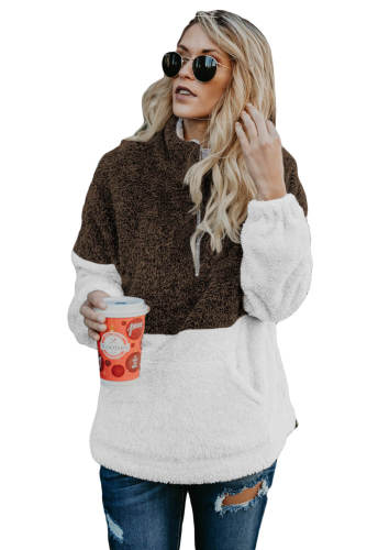 Brown White Zip Neck Oversize Fluffy Fleece Pullover