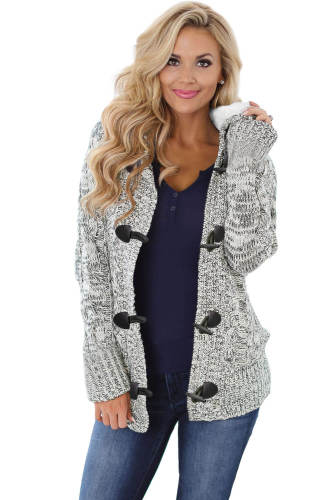 Heather Gray Fur Hood Horn Button Sweater Cardigan