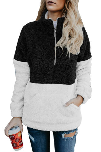 Black White Zip Neck Oversize Fluffy Fleece Pullover
