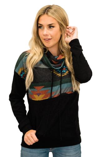Black Aztec Cowl Pullover Hoodie