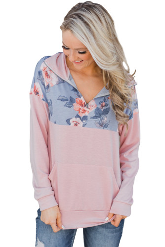 Floral Splice Pink Kangaroo Pocket Zip Collar Sweatshirt