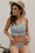 Sky Blue Cute Floral Patterned Smocked Bikini