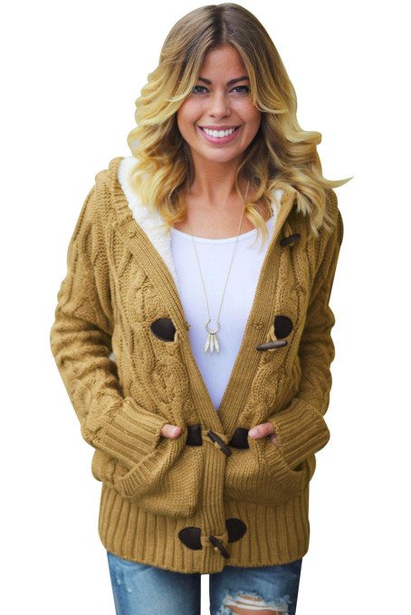 Brown Fur Hood Horn Button Sweater Cardigan