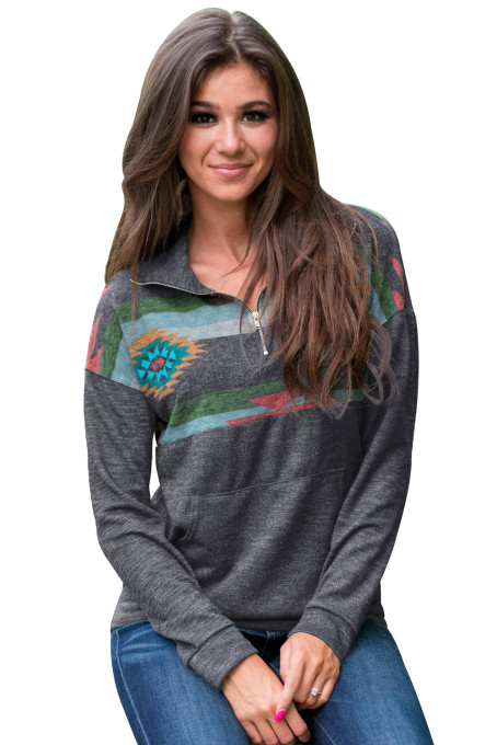 Aztec Print Atop Charcoal Pullover Sweatshirt
