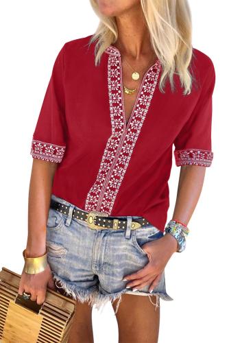 Red Chic Boho V Neckline Half Sleeve Blouse