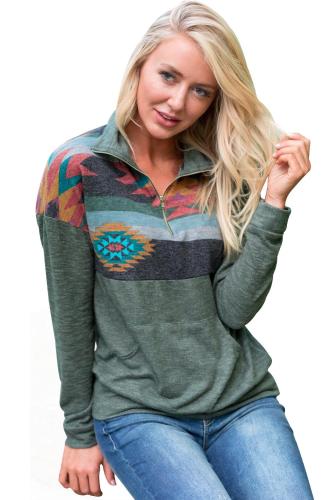 Aztec Print Atop Sage Green Pullover Sweatshirt