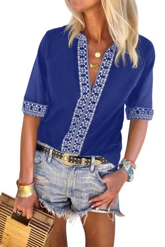 Blue Chic Boho V Neckline Half Sleeve Blouse