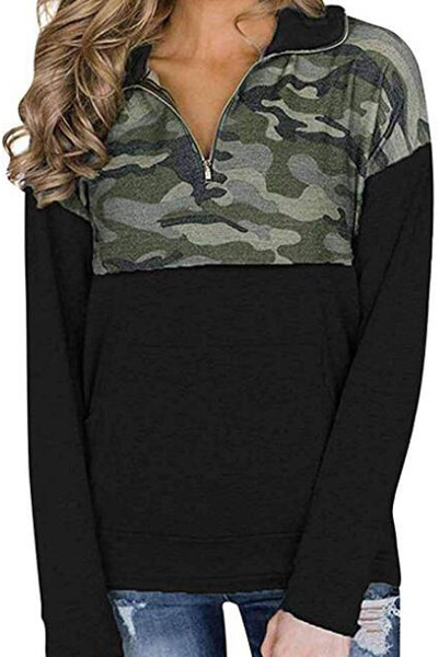 Camo Splice Black Kangaroo Pocket Zip Collar Sweatshirt