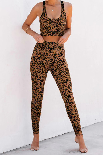 Brown Cheetah Print Sport Bra Pants Set
