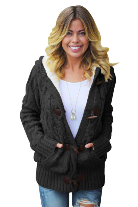 Black Fur Hood Horn Button Sweater Cardigan