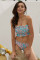 Sky Blue Cute Floral Patterned Smocked Bikini