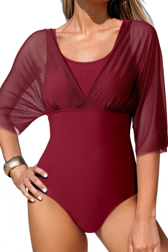 Aleumdr Women's One Piece Swimsuit Modest Tummy Control Bathing Suit V Neck Mesh Sleeve Slimming Swimwear Beachwear