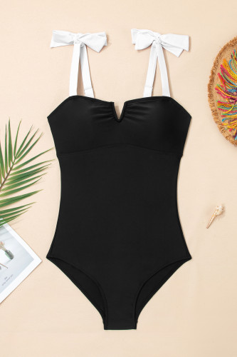 Aleumdr Women's One Piece Swimsuits Tummy Control Bathing Suits V Neck Boho Tie Shoulder Ruched Full Coverage Swimwear