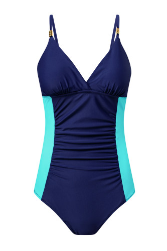 Aleumdr Women One Piece Swimsuit Tummy Control V Neck Ruched Bathing Suit Push Up Gold Metal Modest Slimming Swimwear