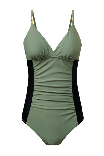 Aleumdr Women One Piece Swimsuit Tummy Control V Neck Ruched Bathing Suit Push Up Gold Metal Modest Slimming Swimwear