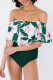Green Printed Off Shoulder Flounce Overlay One-piece Swimwear
