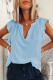 Sky Blue Casual Solid V Neck Butterfly Sleeve Blouse