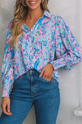 Blue Paisley Print 3/4 Lantern Sleeve Shirt