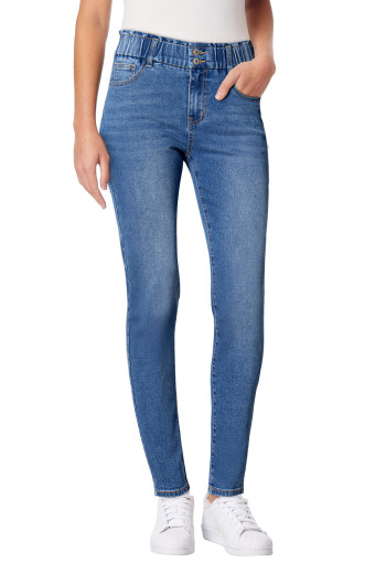 Mist Blue Essnce Ripped Frayed Hem Bleach Wash Paperbag Waist Skinny Jeans