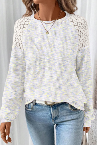 White SHEIN LUNE 1pc Women Waffle Knit & Lace Panel Long Sleeve Pullover Sweatshirt, Pink, Autumn