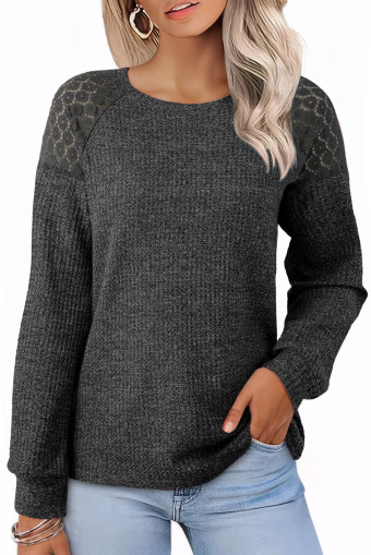 Black SHEIN LUNE 1pc Women Waffle Knit & Lace Panel Long Sleeve Pullover Sweatshirt, Pink, Autumn