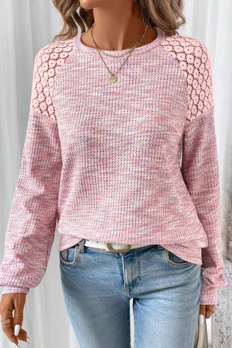 SHEIN LUNE 1pc Women Waffle Knit & Lace Panel Long Sleeve Pullover Sweatshirt, Pink, Autumn