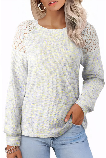 White SHEIN LUNE 1pc Women Waffle Knit & Lace Panel Long Sleeve Pullover Sweatshirt, Pink, Autumn