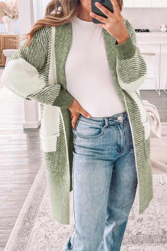 Mist Green Trendy Stripe Color Block Knit Open Front Midi Sweater Cardigan