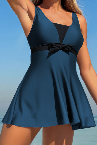 Sail Blue Color Block/ Floral Print Patchwork Bow Knot Detail Sleeveless Swim Dress