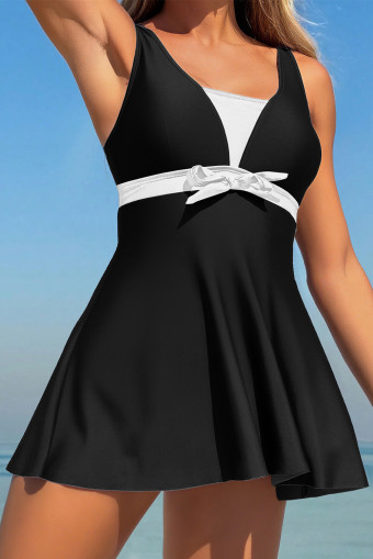 Black Color Block/ Floral Print Patchwork Bow Knot Detail Sleeveless Swim Dress